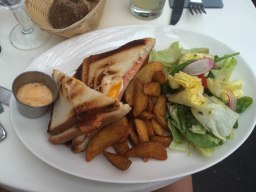 This dish is called "Toast" on the menu but really it's just a sandwich. This had smoked salmon and poached egg inside. Potato wedges with "American sauce," (which I've never had in America lol) and a salad. From Le Paradis du Fruit in the Bastille area!